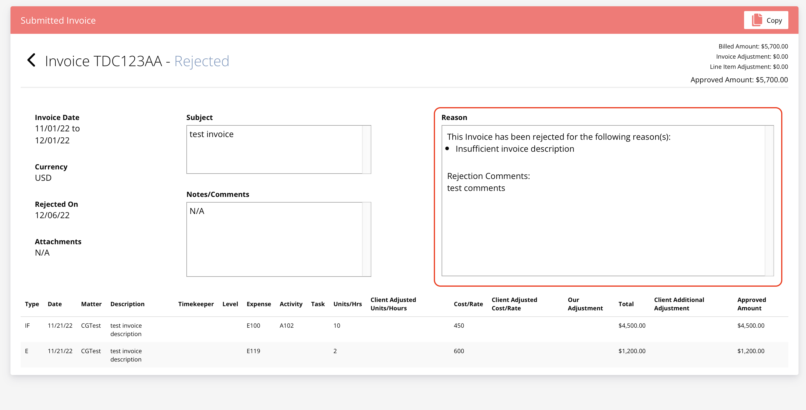 Reviewing Rejected Invoices in CounselGO