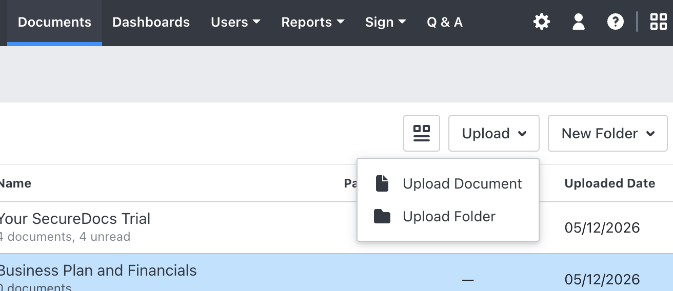 SecureDocs - Upload a Document or Folder